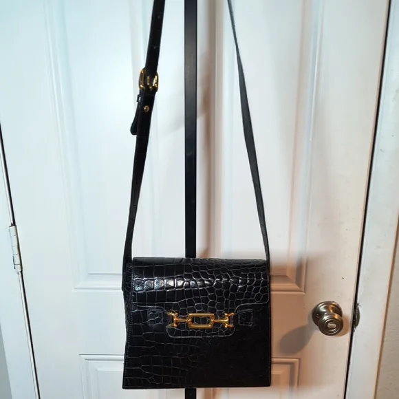 Vintage TALBOTS Black/Gold Crocodile Embossed Crossbody Bag NICE - Picture 4 of 15